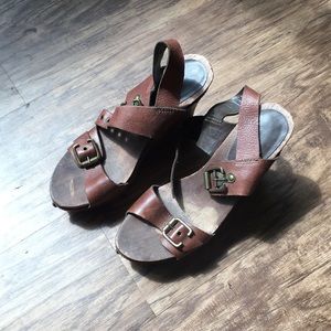 Report Opulent Leather and Wood Wedge Sandals